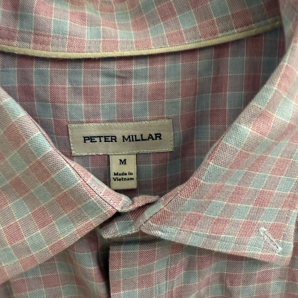 Peter Millar Men's Blue and Pink Checkered Shirt